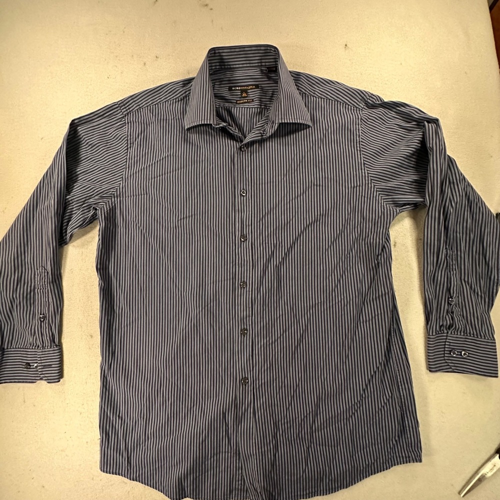 Vintage BCBG MAX AZRIA Mens Modern Fit Striped Button Down Shirt Blue Large 16.5